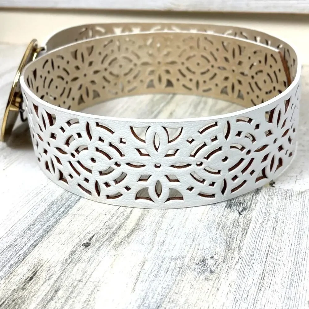 Coldwater Creek Womens L White Cut-Out Leather Boho Wide Adjustable Waist Belt